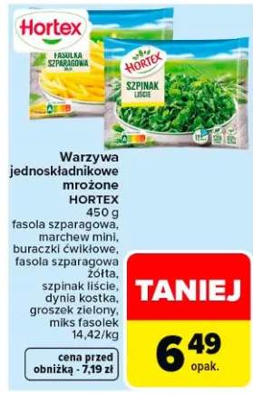 Warzywa jednoskładnikowe mrożone 450g fasola szparagowa, marchew mini, buraczki ćwikłowe, fasola szparagowa żółta, szpinak liście, dynia kostka, groszek zielony, mieszanka fasolek