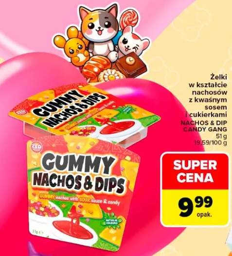 Żelki w kształcie nachosów z kwaśnym sosem i cukierkami Nachos & Dip Candy Gang