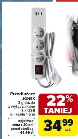 Przedłużacz 3 gniazda z wyłącznikiem 3x USB dł. kabla 1,5 m