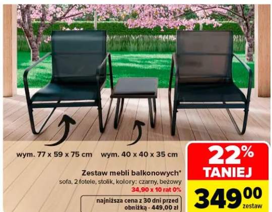 Zestaw mebli balkonowych sofa, 2 fotele, stolik, kolory: czarny, beżowy