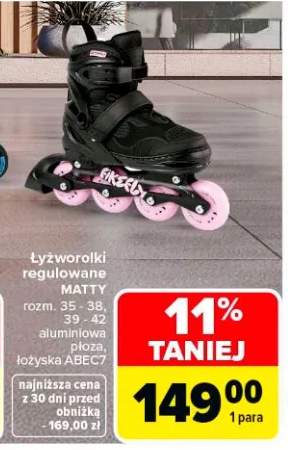 Łyżworolki regulowane Matty rozm. 35 - 39, 39 - 42 aluminiowa płoza, łożyska Abec9