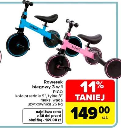 Rowerek biegowy 3 w 1 Pico koła przednie 9", tylne 8", maks. waga użytkownika 25 kg