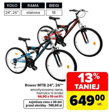 Rower MTB 24", 26" amortyzowana rama, hamulce V-brake