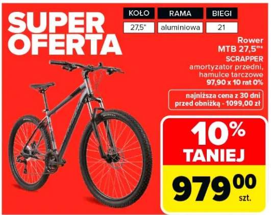 Rower MTB 27,5" Scrapper amortyzator przedni, hamulce tarczowe 97,90 x 10 rat 0%
