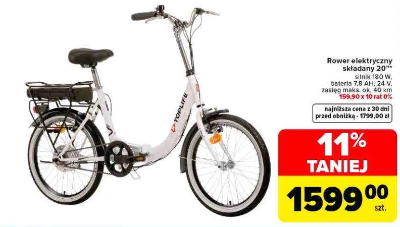 Rower elektryczny składany 20" silnik 180 W, bateria 7,8 AH, 24 V, zasięg maks. ok. 40 km