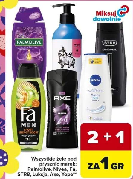 Wszystkie żele pod prysznic marek: Palmolive, Nivea, Fa, STR8, Luksja, Axe, Yope