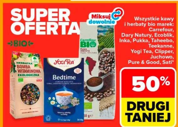 Wszystkie kawy i herbaty bio marek Carrefour, Dary Natury, Ecoblik, Inka, Pukka, Taheebo, Teekanne, Yogi Tea, Clipper, Juglancya, Herbapol, Pure & Good, Sati