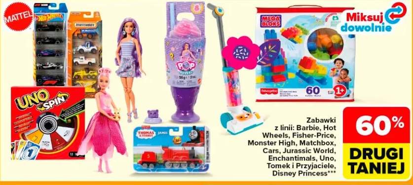 Zabawki z linii: Barbie, Hot Wheels, Fisher-Price, Monster High, Matchbox, Cars, Jurassic World, Enchantimals, Uno, Tomek i Przyjaciele, Disney Princess