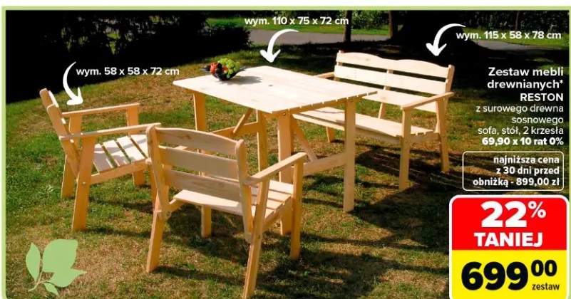 Zestaw mebli drewnianych Reston z surowego drewna sosnowego sofa, stół, 2 krzesła