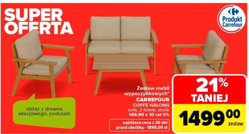 Zestaw mebli wypoczynkowych Carrefour Coffe Halong stelaż z drewna akacjowego, poduszki sofa, 2 fotele, stolik