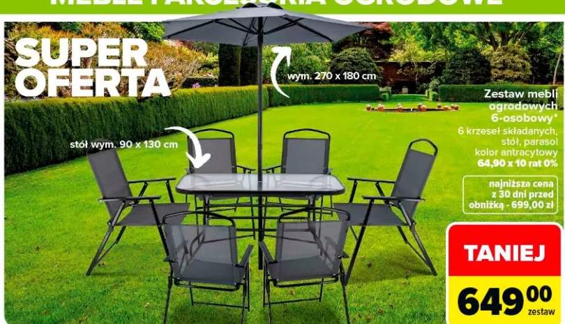 Zestaw mebli ogrodowych 6-osobowy 6 krzeseł składanych, stół, parasol kolor antracytowy