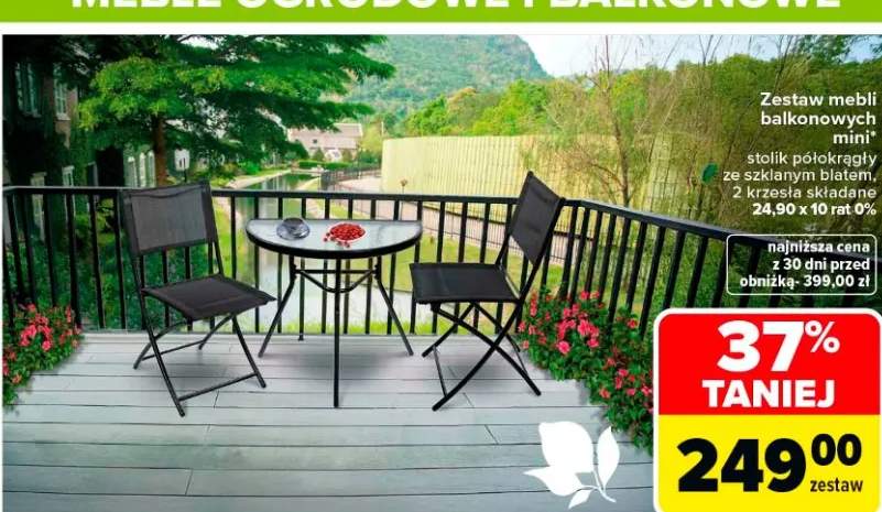 Zestaw mebli balkonowych mini stolik półokrągły ze szklanym blatem, 2 krzesła składane