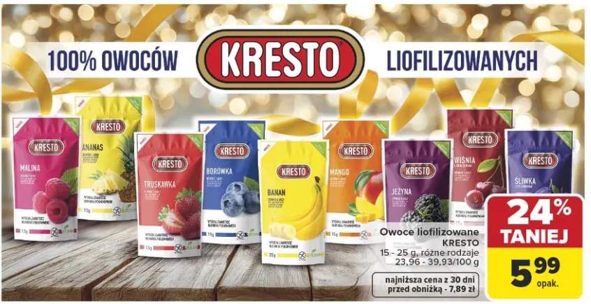 Owoce liofilizowane malina, ananas, truskawka, borówka, banan, mango, jeżyna, wiśnia, śliwka