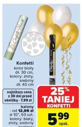 Konfetti kolor biały dł. 30 cm, kolor srebrny, dł. 12 cm, balony od dł. 12 cm ø 10", 50 szt. kolory: biały, złoty, srebrny, perłowy