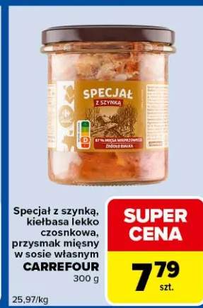Specjał z szynką, kiełbasa lekko czosnkowa, przysmak mięsny w sosie winnym