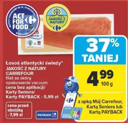Łosoś atlantycki świeży filet ze skórą opakowanie vacuum Jakość z Natury Carrefour