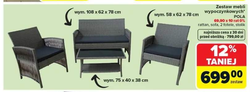 Zestaw mebli wypoczynkowych Pola rattan sofa 2 fotele stolik 108x62x78cm