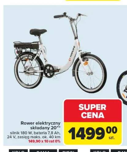 Rower elektryczny składany 20" silnik 180W bateria 7,8Ah 24V zasięg maks. ok. 40 km