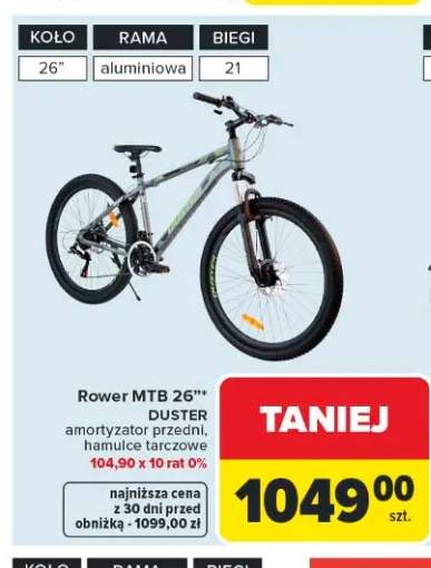 Rower MTB DUSTER 26" amortyzator przedni hamulce tarczowe