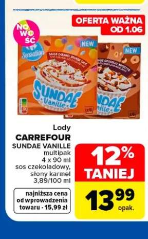 Lody CARREFOUR SUNDAE VANILLE słony karmel 4-pak 90ml