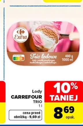 Lody Carrefour Trio lodowe o smaku waniliowym, truskawkowym i czekoladowym
