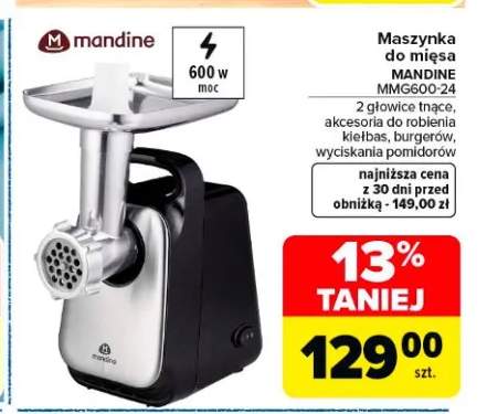 Maszynka do mięsa MANDINE MMG600-24 600W 2 głowice tnące akcesoria do robienia kiełbas burgerów wyciskania pomidorów