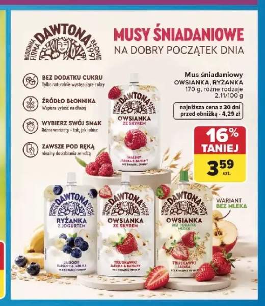 Mus śniadaniowy owsianka bez dodatku mleka Dawtona truskawki jabłka