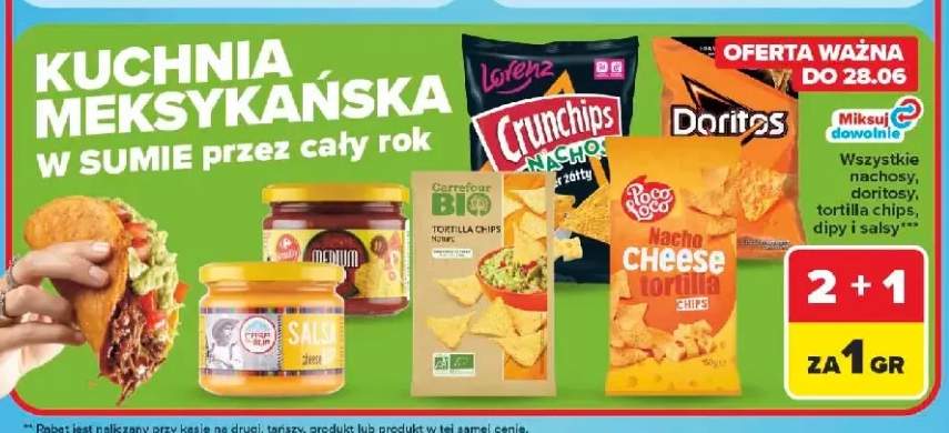 Nachosy, doritosy, tortilla chips, dipy i salsy