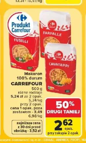 Makaron 100% durum Cavatappi Carrefour +2 warianty