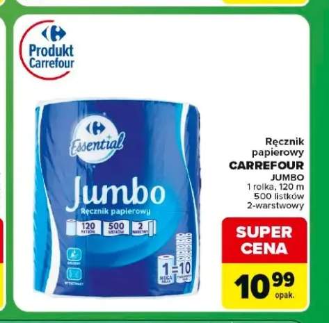 Ręcznik papierowy Carrefour Jumbo 1 rolka 120 m 500 listków 2-warstwowy