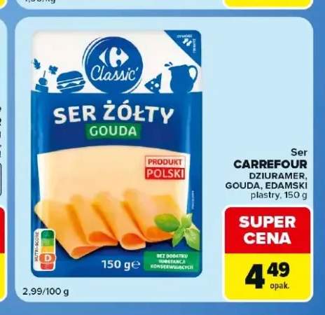 Ser żółty Edamski plastry Carrefour Classic +2 warianty