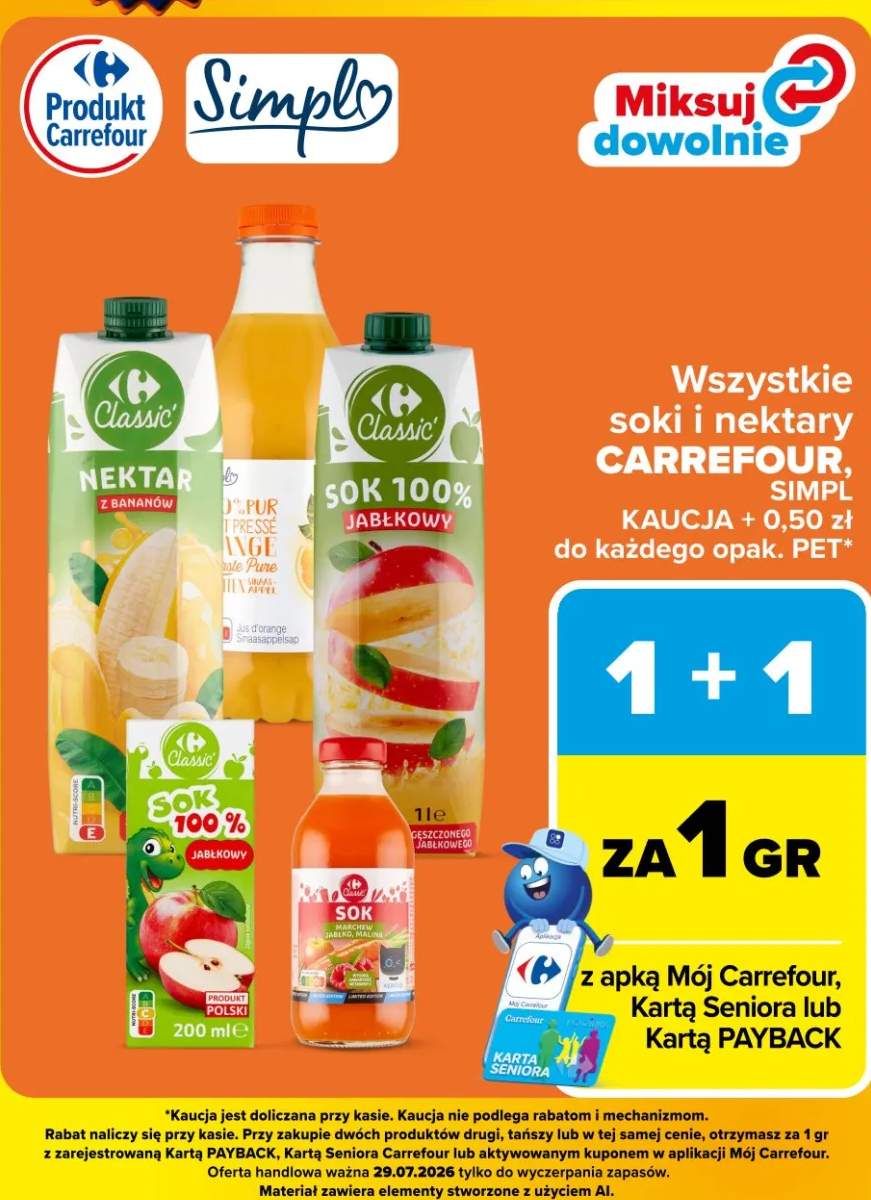 Sok marchew jabłko malina Carrefour Classic +2 warianty