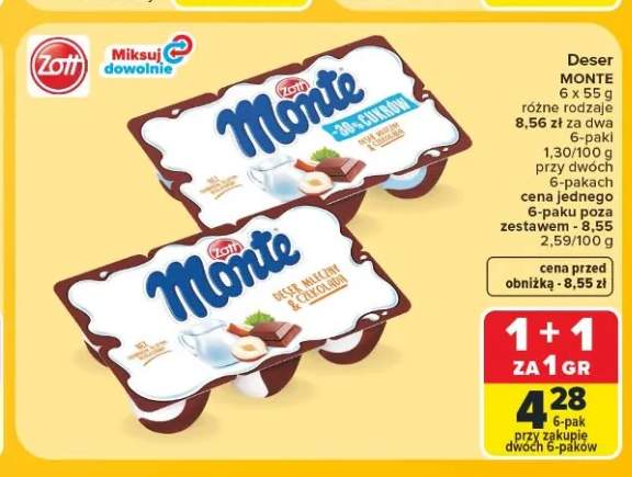 Deser mleczny Monte czekolada i orzechy Zott 6-pak