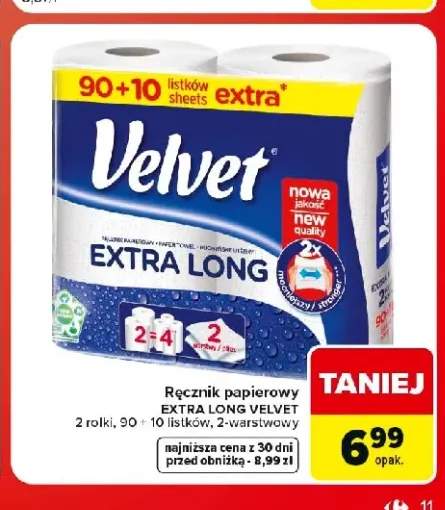 Ręcznik papierowy Velvet Extra Long 2-pak 90 + 10 listków 2-warstwowy