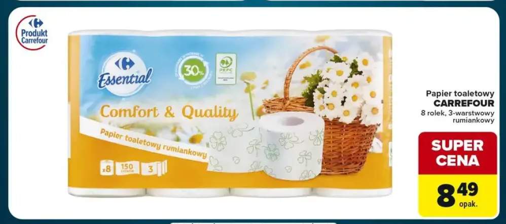 Papier toaletowy 3-warstwowy rumiankowy Carrefour 8-pak