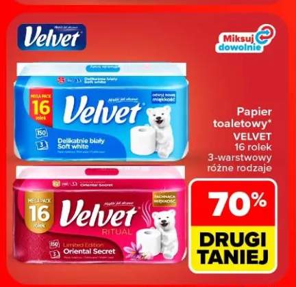 Papier toaletowy 3-warstwowy Delikatnie biały Velvet 16-pak +1 wariant