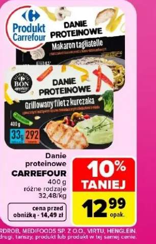 Danie proteinowe makaron tagliatelle z kurczakiem i sosem pieczarkowo-śmietankowym Carrefour +1 wariant
