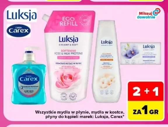 Mydła w płynie, mydła w kostce, płyny do kąpieli marek: Luksja, Carex +4 warianty