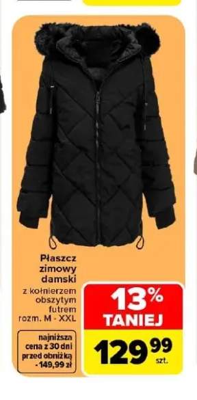 Płaszcz zimowy damski z kołnierzem obszytym futrem