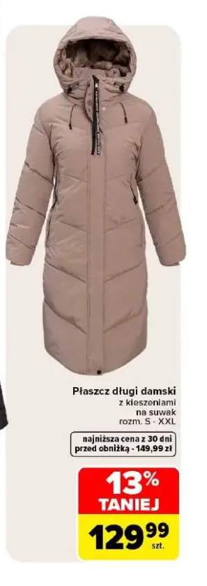 Płaszcz długi damski z kieszeniami na suwak