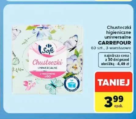 Chusteczki higieniczne uniwersalne 3-warstwowe Carrefour