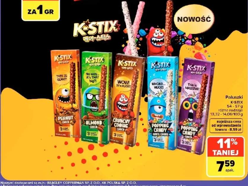 Paluszki Crunchy Cookie Choco K-Stix +4 warianty