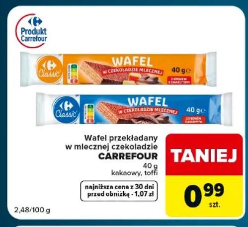 Wafel przekładany w mlecznej czekoladzie kakaowy Carrefour +1 wariant